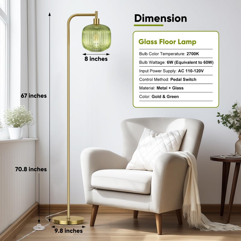 QiMH Glass Floor Lamp for Living Room, Modern Standing Lamp with Ribbed Glass Lampshade Pedal Switch, 67â€ Tall Lamp for Bedroom Study Room, Brushed Gold (2700K LED Bulb Included) - Image 4