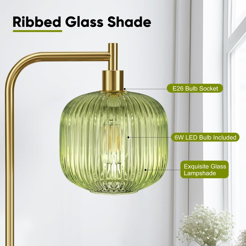 QiMH Glass Floor Lamp for Living Room, Modern Standing Lamp with Ribbed Glass Lampshade Pedal Switch, 67â€ Tall Lamp for Bedroom Study Room, Brushed Gold (2700K LED Bulb Included) - Image 3