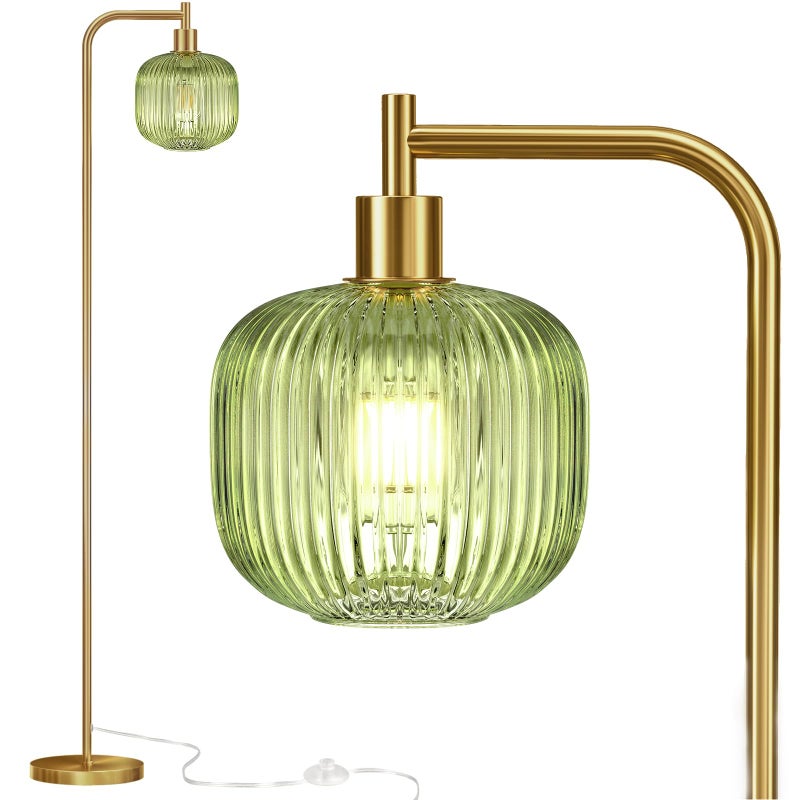 QiMH Glass Floor Lamp for Living Room, Modern Standing Lamp with Ribbed Glass Lampshade Pedal Switch, 67â€ Tall Lamp for Bedroom Study Room, Brushed Gold (2700K LED Bulb Included) - Image 1