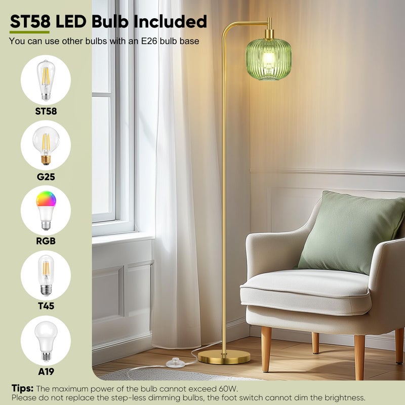 QiMH Glass Floor Lamp for Living Room, Modern Standing Lamp with Ribbed Glass Lampshade Pedal Switch, 67â€ Tall Lamp for Bedroom Study Room, Brushed Gold (2700K LED Bulb Included) - Image 5