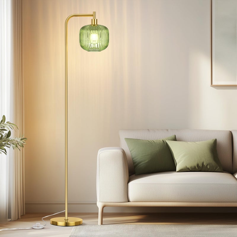 QiMH Glass Floor Lamp for Living Room, Modern Standing Lamp with Ribbed Glass Lampshade Pedal Switch, 67â€ Tall Lamp for Bedroom Study Room, Brushed Gold (2700K LED Bulb Included) - Image 2