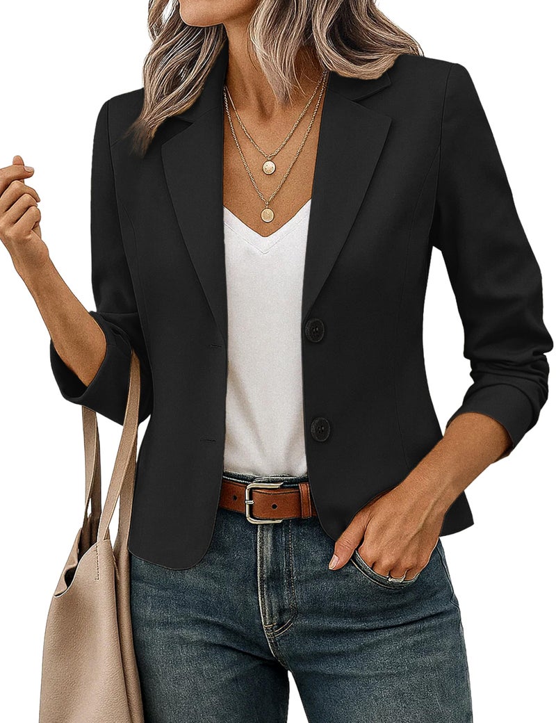 FOLUNSI Women's Business Casual Cropped Blazer Lapel Collar Long Sleeve Work Office Suit Jacket with Fully Lined Black, Small - Image 1