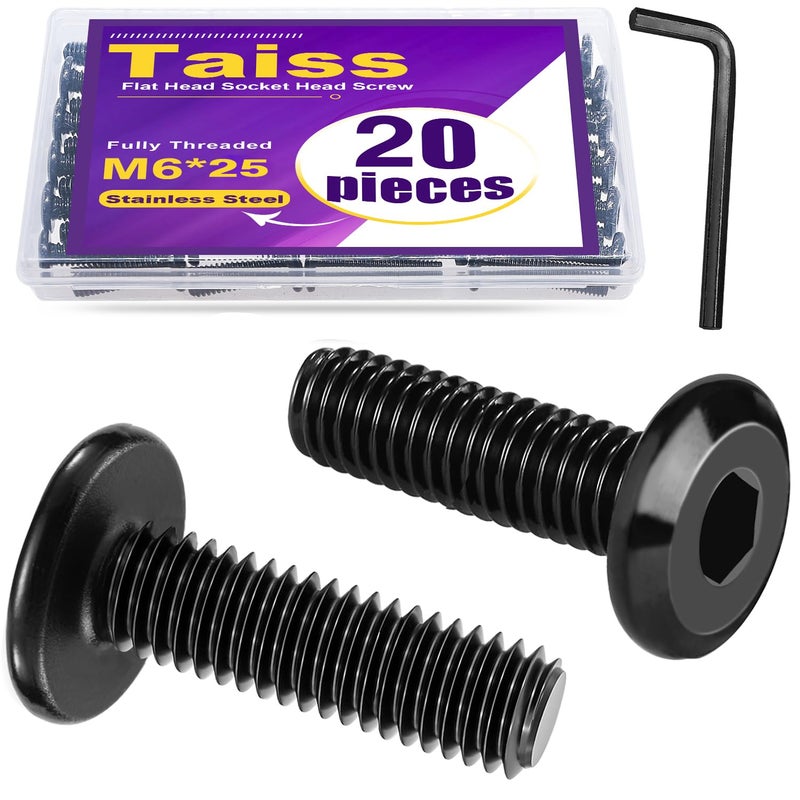 Taiss 20pcs M6 x 25mm Flat Head Socket Head Screw Furniture Bolts,Furniture Screws Stainless Steel 18-8(304),M6 Bolts Black Zinc Plated Fully Threaded,Countersunk Connector M6 Screws with Hex Spanner - Image 1