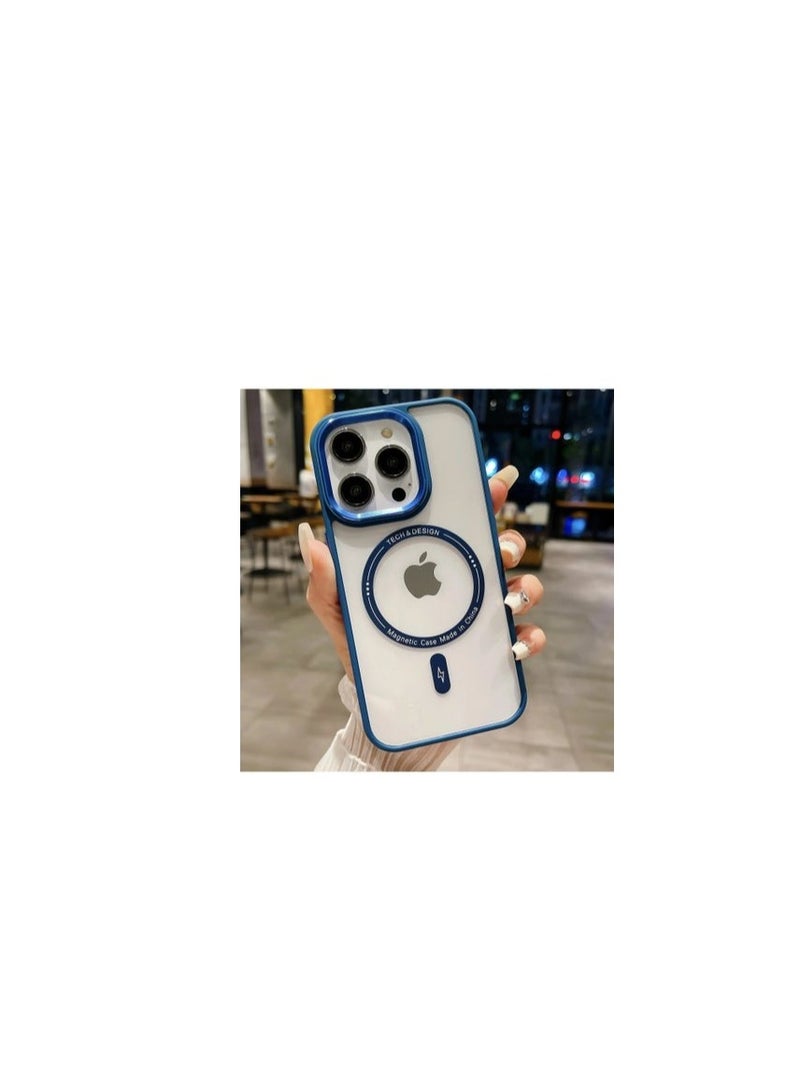 Plating Metal Lens Frame Clear Phone Case Magsafe Wireless Charging Ultra Thin Transparent Acrylic Hard Anti fall Shockproof Back Cover For iphone 14 Pro Max (Blue)  - Image 1