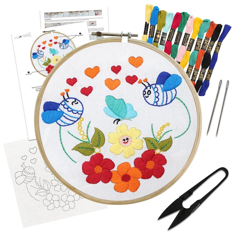 picknMAKE Cross Stitch Embroidery Kit For Beginners & Adult, Showcasing Cheerful Bees, Vibrant Flowers, And Playful Hearts,Instruction Paper, Threads & Needles All Materials Included,Multicolor - Image 1