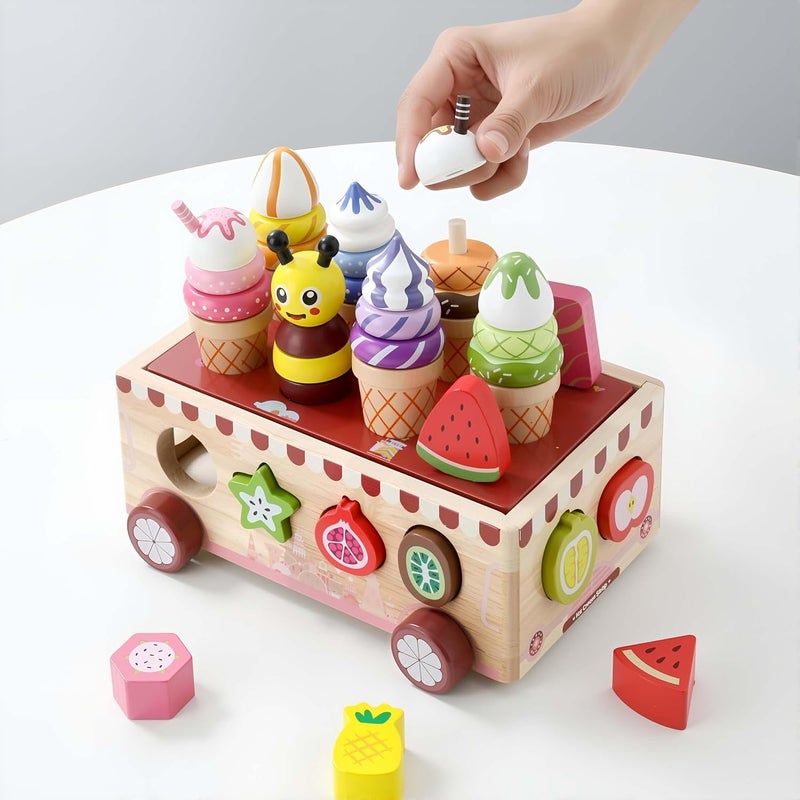 EDUTREE Wooden Ice Cream Cart Toy, Montessori Play Food Sets, Toddler Pretend Play & Sorting Stacking Toy, Educational Gift for 18M+ Girls Boys - Image 4