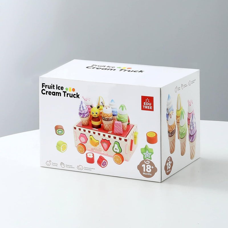 EDUTREE Wooden Ice Cream Cart Toy, Montessori Play Food Sets, Toddler Pretend Play & Sorting Stacking Toy, Educational Gift for 18M+ Girls Boys - Image 2