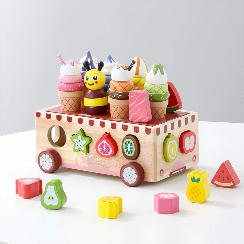 EDUTREE Wooden Ice Cream Cart Toy, Montessori Play Food Sets, Toddler Pretend Play & Sorting Stacking Toy, Educational Gift for 18M+ Girls Boys - Image 3