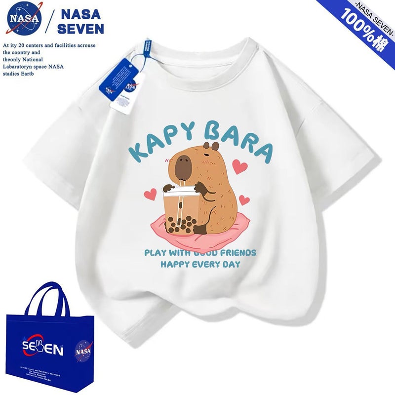 Nasa Cartoon Pure Cotton T-Shirt For Boys And Girls, Cute Kapibara Short-Sleeved Style, Medium And Large Children'S Tops - Image 2