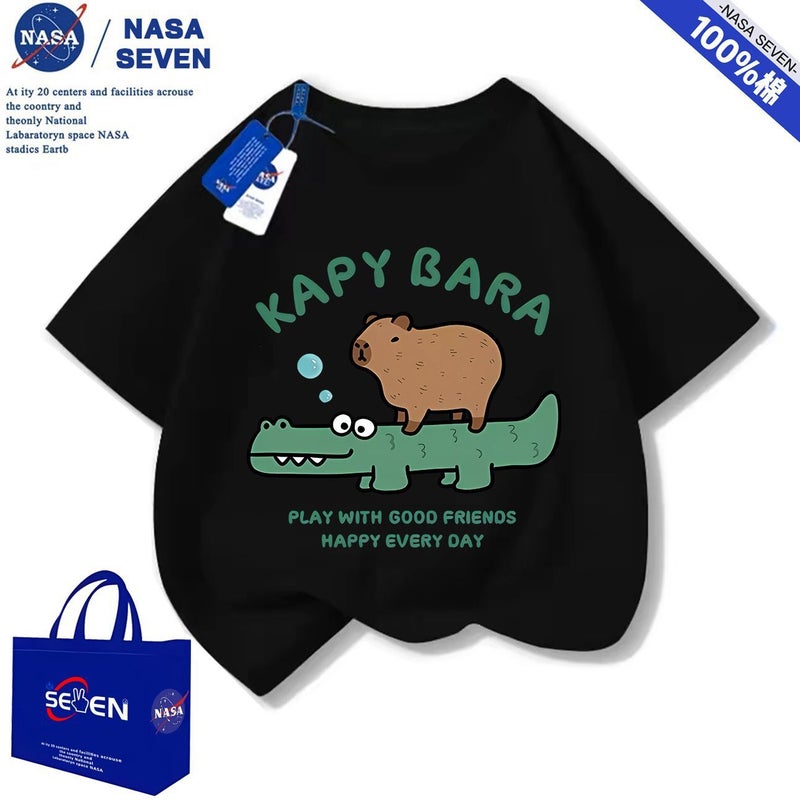 Nasa Cartoon Pure Cotton T-Shirt For Boys And Girls, Cute Kapibara Short-Sleeved Style, Medium And Large Children'S Tops - Image 1