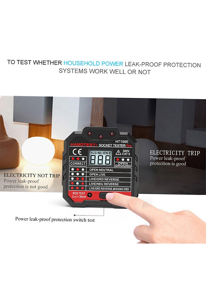 HABOTEST Advanced RCD Electric Socket Tester Automatic Neutral Live Earth Wire Testing Circuit Polarity Detector Wall Plug Breaker Finder Electric Leakage Test with Voltage Backlight LCD Display - Image 2