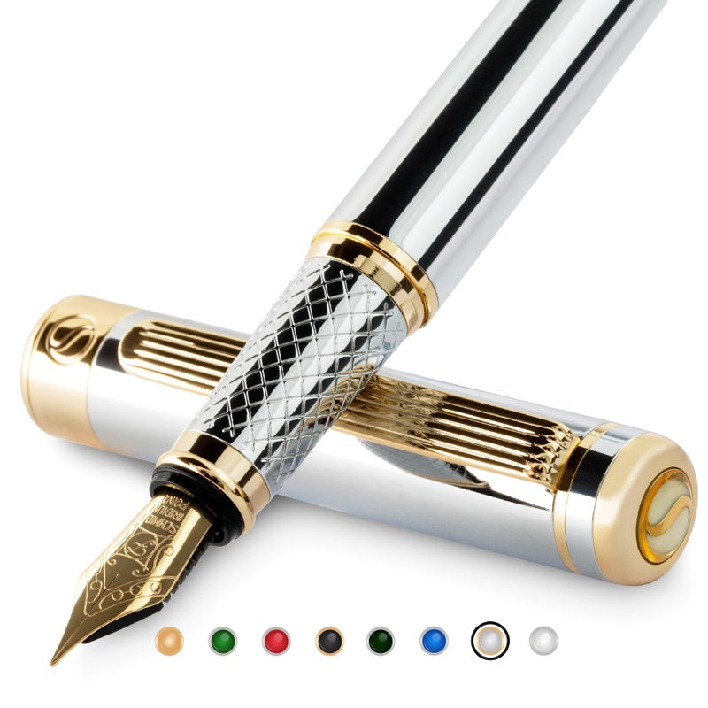 Scriveiner Silver Chrome Fountain Pen - Stunning Luxury Pen with 24K Gold Finish, Schmidt 18K Gilded Nib (Fine), Best Pen Gift Set for Men & Women Professional Executive Office Fancy Nice Designer Pen - Image 1