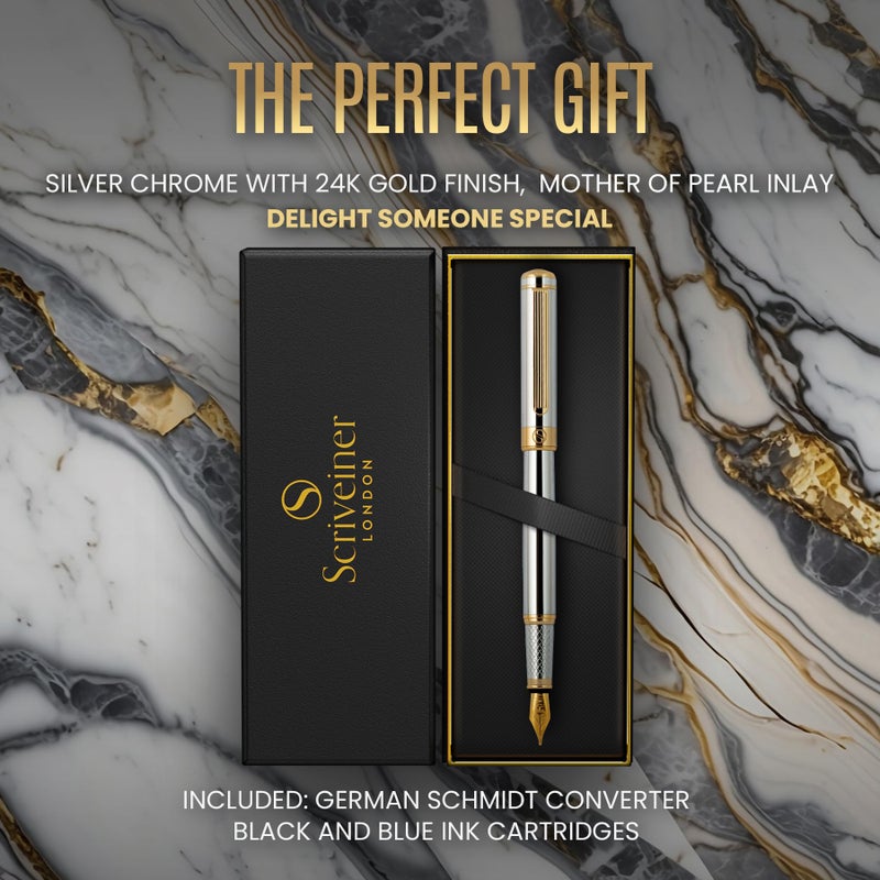 Scriveiner Silver Chrome Fountain Pen - Stunning Luxury Pen with 24K Gold Finish, Schmidt 18K Gilded Nib (Fine), Best Pen Gift Set for Men & Women Professional Executive Office Fancy Nice Designer Pen - Image 3