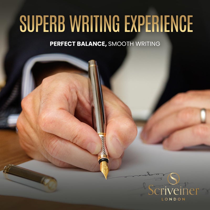 Scriveiner Silver Chrome Fountain Pen - Stunning Luxury Pen with 24K Gold Finish, Schmidt 18K Gilded Nib (Fine), Best Pen Gift Set for Men & Women Professional Executive Office Fancy Nice Designer Pen - Image 4