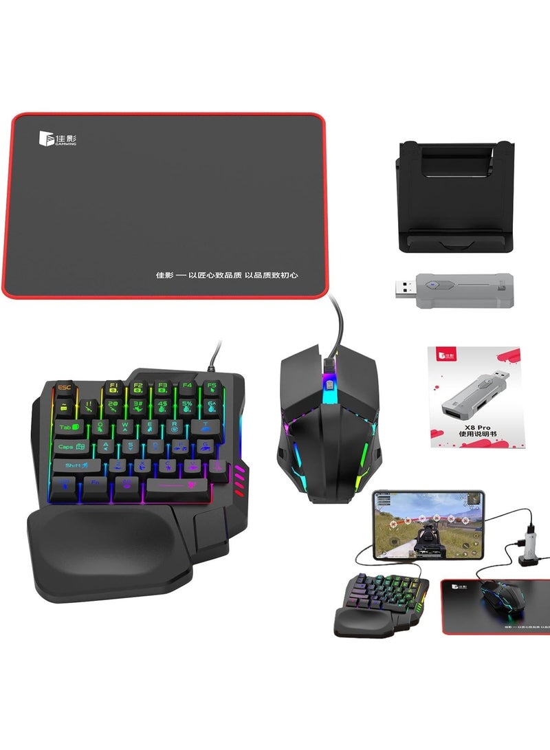 مجموعة ألعاب محمولة 5 في 1 – لوحة مفاتيح ألعاب صغيرة بإضاءة RGB، ماوس ألعاب، حامل جوال، ومحول ألعاب لأجهزة أندرويد - Image 2