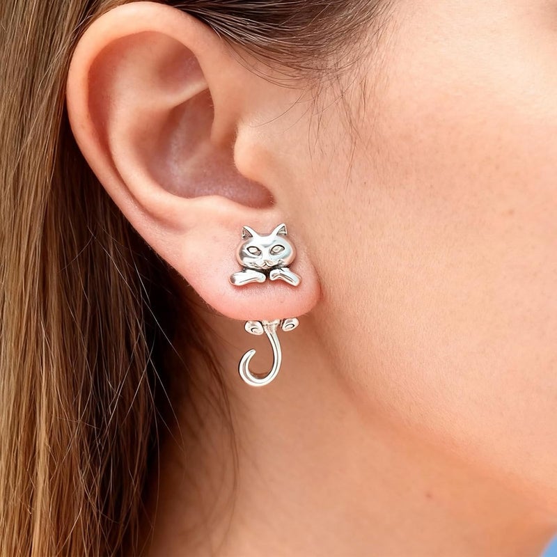 Cat Earrings: Silver Tone - Cute Trendy Cat Jewelry for Animal Lovers - Image 2