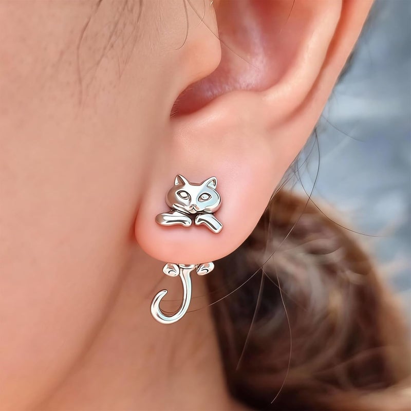 Cat Earrings: Silver Tone - Cute Trendy Cat Jewelry for Animal Lovers - Image 1