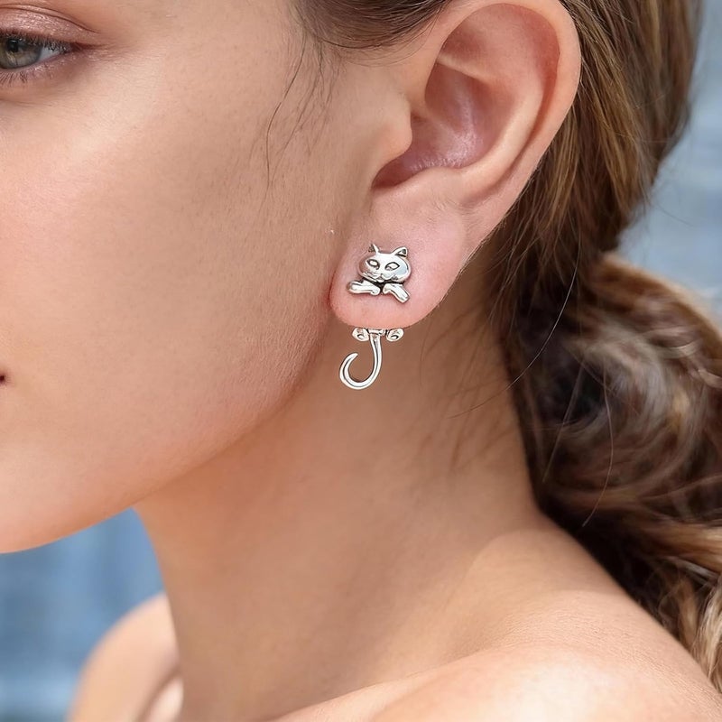 Cat Earrings: Silver Tone - Cute Trendy Cat Jewelry for Animal Lovers - Image 3