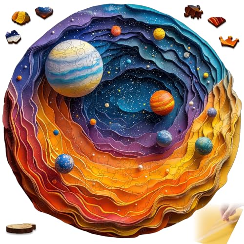 Mys Aurora Space Puzzles for Adults 200 Piece Unique Shapes Solar System Wooden Puzzles 3D Visual Effect Planet Jigsaw Puzzles Family Puzzle Games Birthday Gift 114 x 112 Inches - Image 1