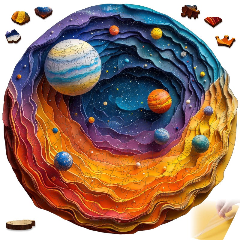 Mys Aurora Space Puzzles for Adults 200 Piece Unique Shapes Solar System Wooden Puzzles 3D Visual Effect Planet Jigsaw Puzzles Family Puzzle Games Birthday Gift 114 x 112 Inches - Image 3