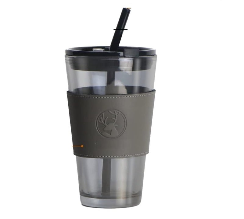 APURK Glass Cup Leather Sleeve Clear Drinking Glasses Tumblers with Straws and Lids for Iced Tea Juice Cocktail Smoothies Cold Hot Drink Cups 450ml Pack of 1pcs Multicolor - Image 1