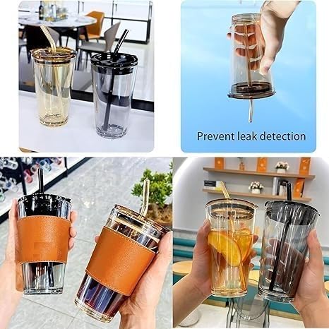 APURK Glass Cup Leather Sleeve Clear Drinking Glasses Tumblers with Straws and Lids for Iced Tea Juice Cocktail Smoothies Cold Hot Drink Cups 450ml Pack of 1pcs Multicolor - Image 3