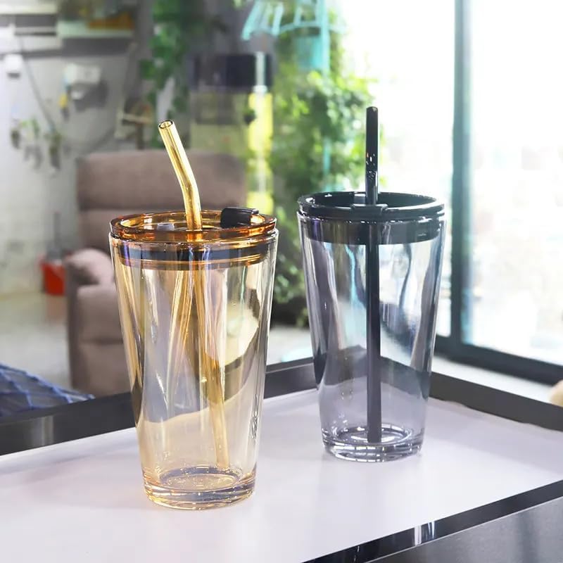 APURK Glass Cup Leather Sleeve Clear Drinking Glasses Tumblers with Straws and Lids for Iced Tea Juice Cocktail Smoothies Cold Hot Drink Cups 450ml Pack of 1pcs Multicolor - Image 4