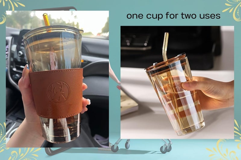 APURK Glass Cup Leather Sleeve Clear Drinking Glasses Tumblers with Straws and Lids for Iced Tea Juice Cocktail Smoothies Cold Hot Drink Cups 450ml Pack of 1pcs Multicolor - Image 5