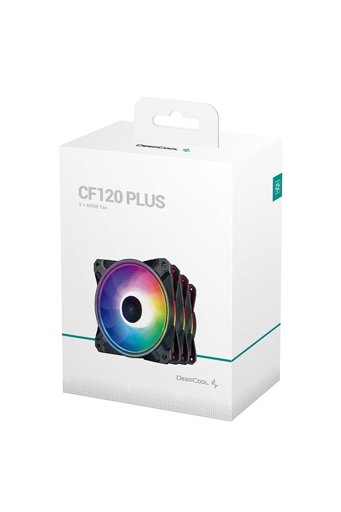 ديب كول مروحة هيكل CF120 PLUS RGB PWM، عبوة من 3 قطع، 120 مم × 26.5 مم، 500-1800 دورة في الدقيقة، تدفق هواء 52.5 قدم مكعب في الدقيقة، ضغط ثابت 2.08 مم، ≤28.8 ديسيبل، 18 مصباح LED RGB قابل للتوجيه، وحدة تحكم A-RGB ومحور PWM رباعي المنافذ، PWM رباعي السنون + مزامنة A-RGB ثلاثية السنون 5 فولت، أسود | DP-F12-AR-CF120P-3P - Image 1