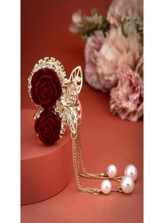 LOCKLUX Luxury Gold-Plated Rose Claw Hair Clutcher for Women | Crystal Rose Hair Clutch for Women & Girls | Stylish Hair Clips Clutcher with Pearl Chains | Premium Gold Hair Clutcher for Party & Bridal Hairstyle (Gold (Small), Pack 1) - Image 1