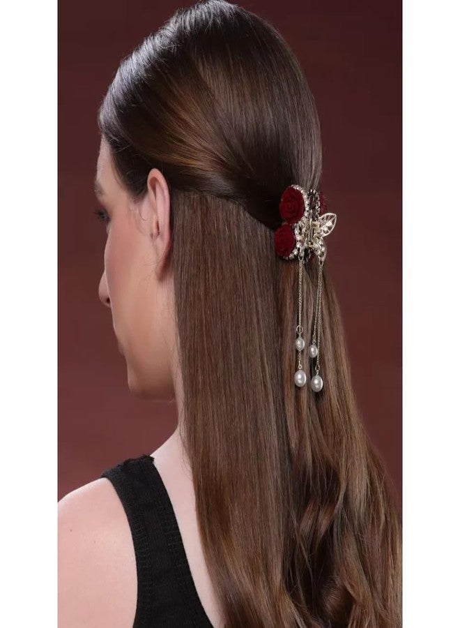 LOCKLUX Luxury Gold-Plated Rose Claw Hair Clutcher for Women | Crystal Rose Hair Clutch for Women & Girls | Stylish Hair Clips Clutcher with Pearl Chains | Premium Gold Hair Clutcher for Party & Bridal Hairstyle (Gold (Small), Pack 1) - Image 4