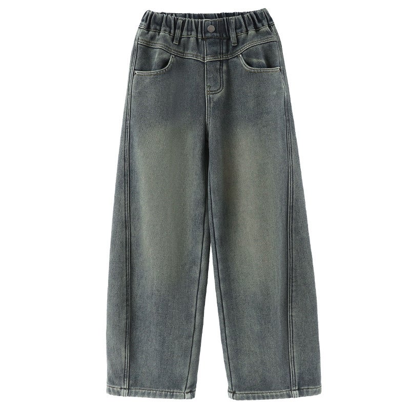 Girls' Fleece-Lined Jeans Winter Casual Middle And Big Children'S Thickened One-Piece Velvet Straight Pants Children'S Pants - Image 5