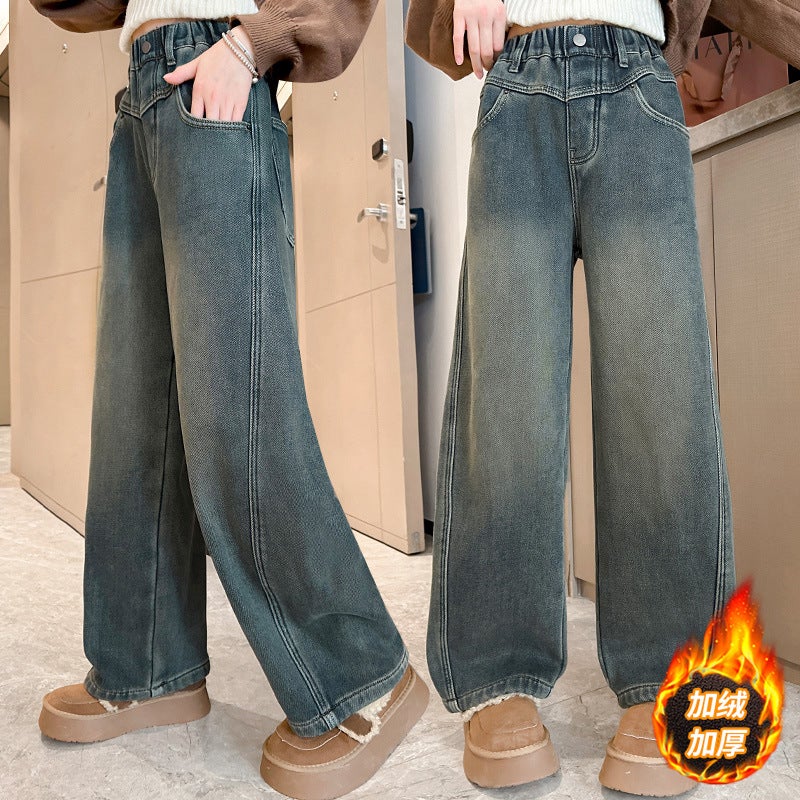 Girls' Fleece-Lined Jeans Winter Casual Middle And Big Children'S Thickened One-Piece Velvet Straight Pants Children'S Pants - Image 1