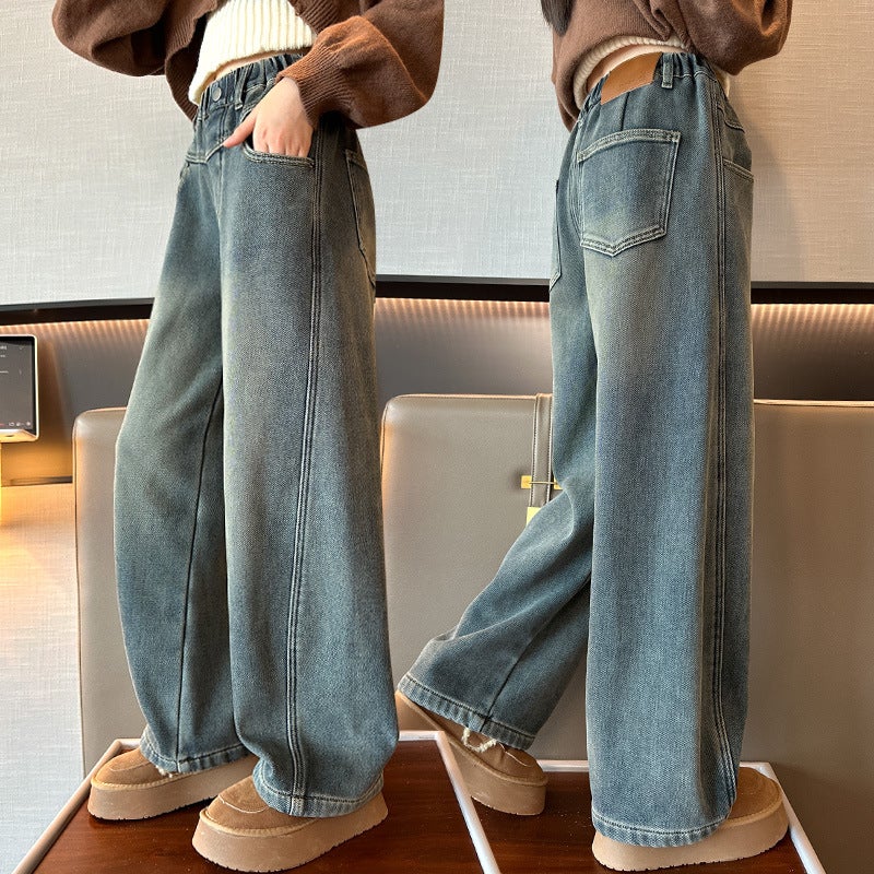 Girls' Fleece-Lined Jeans Winter Casual Middle And Big Children'S Thickened One-Piece Velvet Straight Pants Children'S Pants - Image 4