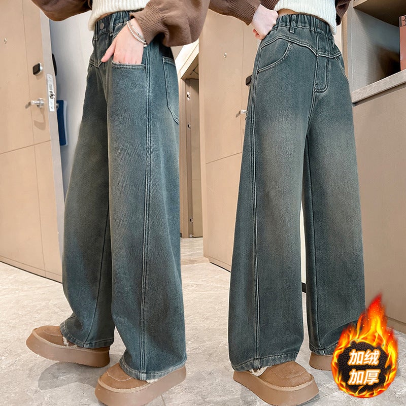 Girls' Fleece-Lined Jeans Winter Casual Middle And Big Children'S Thickened One-Piece Velvet Straight Pants Children'S Pants - Image 2