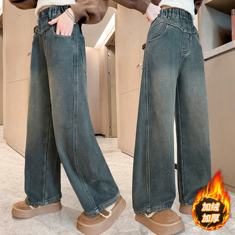 Girls' Fleece-Lined Jeans Winter Casual Middle And Big Children'S Thickened One-Piece Velvet Straight Pants Children'S Pants - Image 3