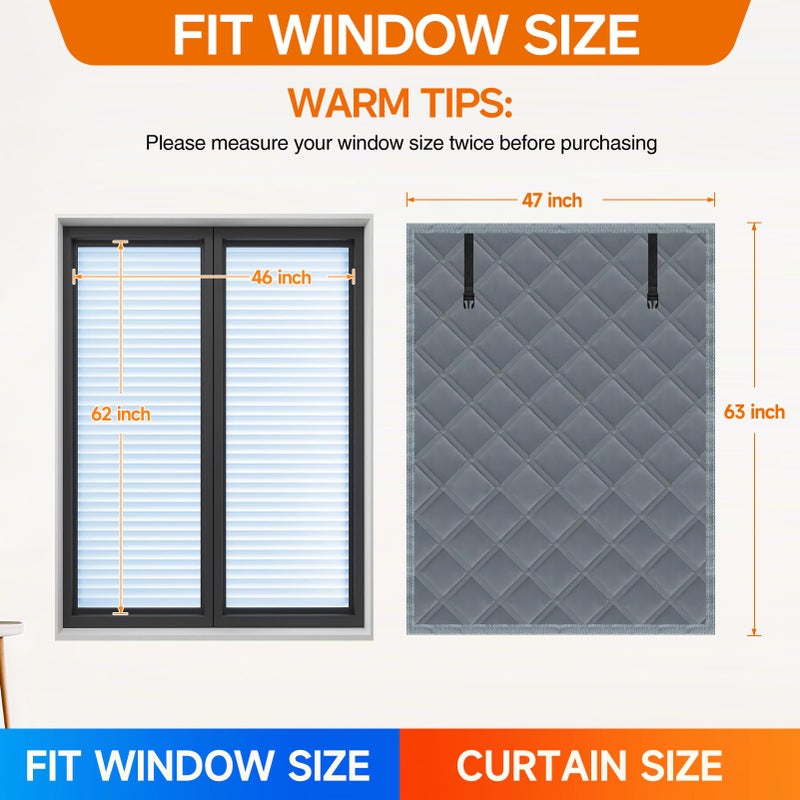 Skloopearg Winter Insulated Window Curtain 47"x63", Oxford Cloth Thermal Insulated Window Cover with Buckles,Heavy Duty Window Insulation Kit Fits Windows up to 46"x62",Grey - Image 2