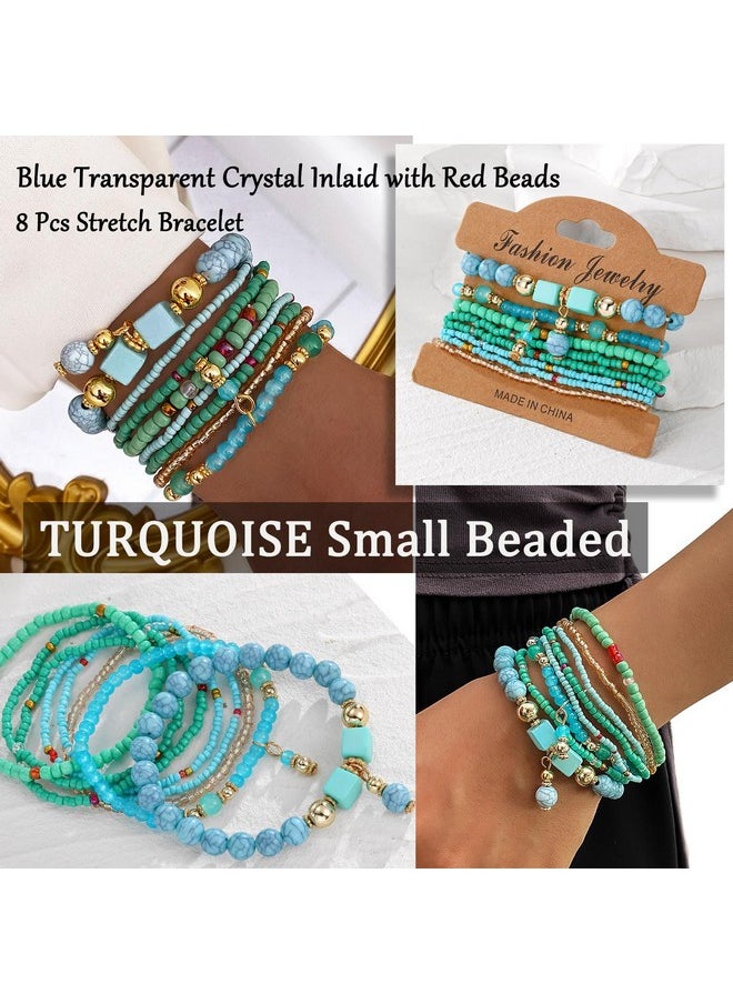17IF 30 Pcs Silver Bead Bracelet Set For Women, Charm Colorful Crystal Stone Wooden Stackable Boho Turquoise Evil Eye Butterfly American Star Heart Stretch Chain For Friendship  - Image 3