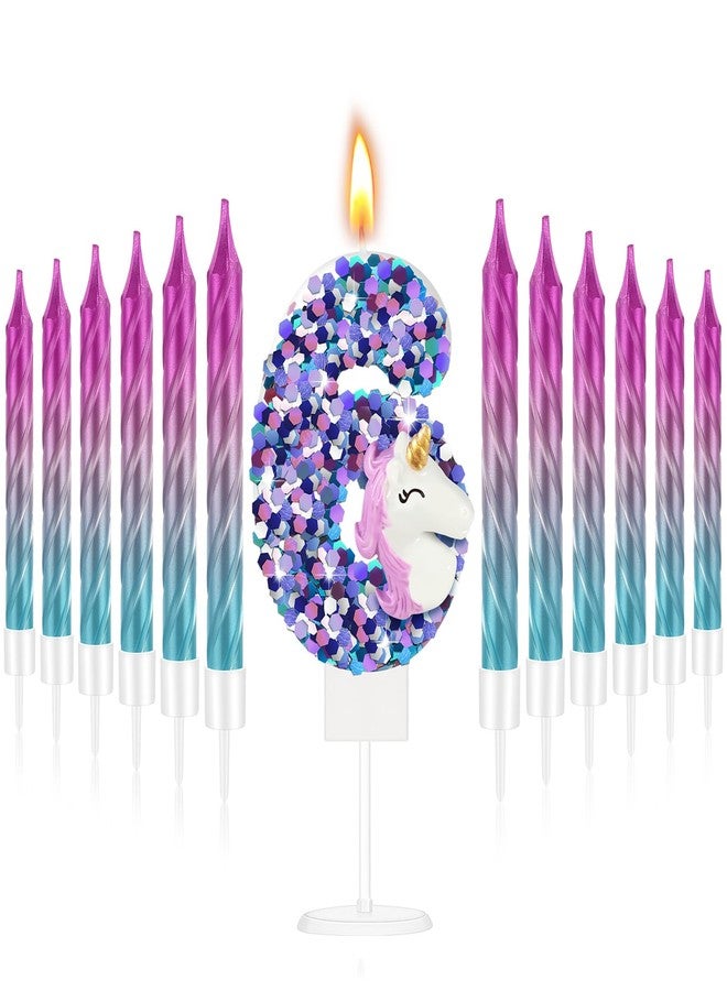 ميتلي شمعة عيد ميلاد يونيكورن رقم 6 من إم تي لي، مع 12 شمعة حلزونية متدرجة الألوان، لتزيين كعكة عيد ميلاد حورية البحر، باللونين البنفسجي والأزرق، مثالية لحفلات عيد الميلاد ذات طابع يونيكورن. - Image 1