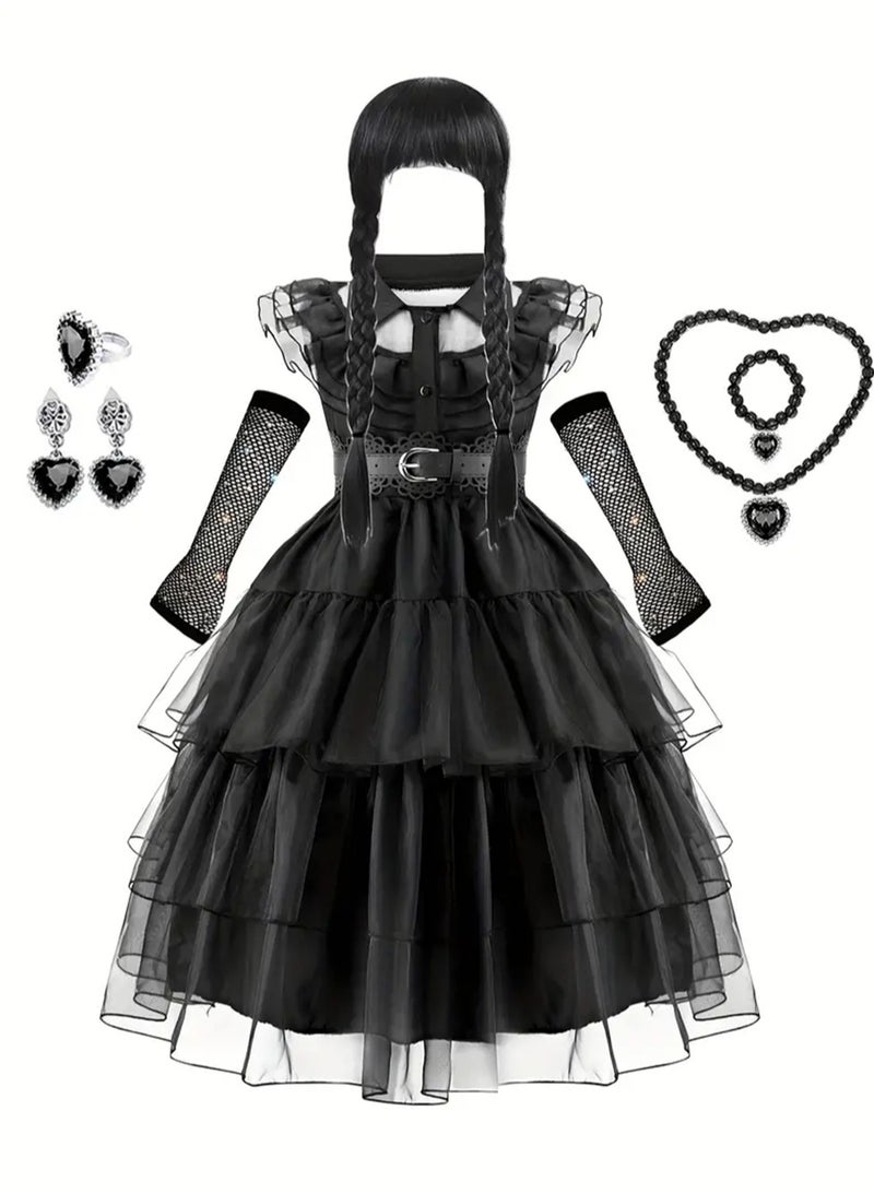 Wish Wednesday Addams Inspired Kids Black Dress, Gothic Tulle Tiered Dress, Halloween Cosplay Party Costume Set for Girls - Image 1