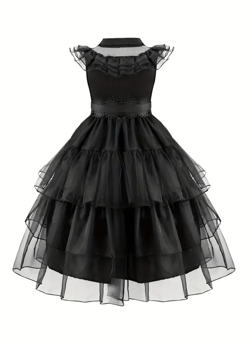 Wish Wednesday Addams Inspired Kids Black Dress, Gothic Tulle Tiered Dress, Halloween Cosplay Party Costume Set for Girls - Image 2