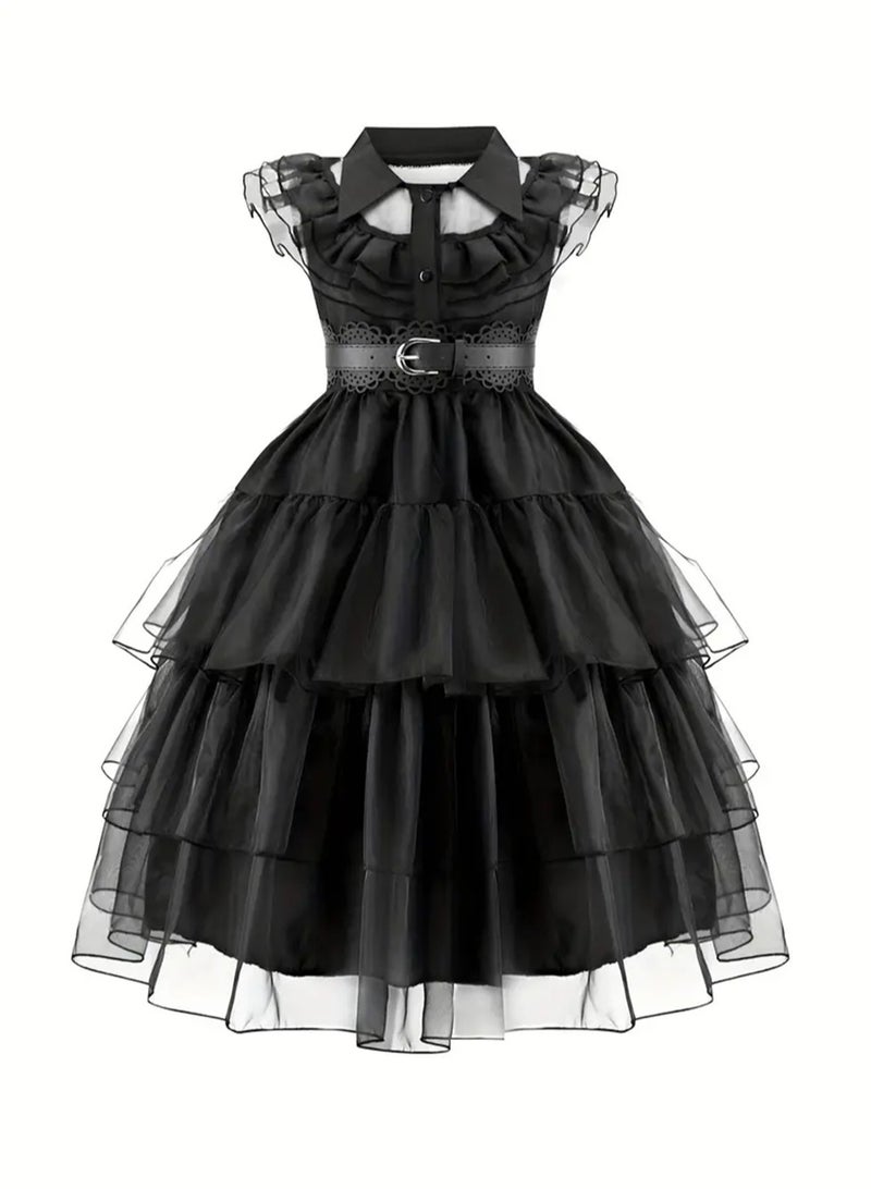 Wish Wednesday Addams Inspired Kids Black Dress, Gothic Tulle Tiered Dress, Halloween Cosplay Party Costume Set for Girls - Image 3