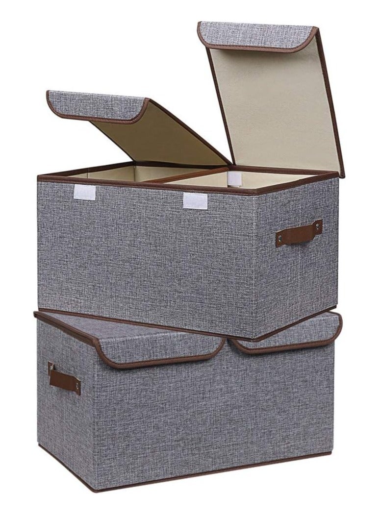 Arabest Large Storage Bins Linen Fabric Foldable Basket Cubes Organizer Storage Boxes Drawer with Lid and Handles for Home, Office, Closet, Bedroom, Nursery (Grey-2pcs) - Image 1