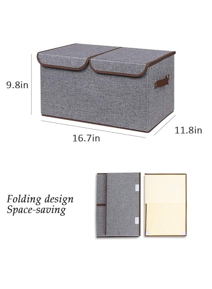 Arabest Large Storage Bins Linen Fabric Foldable Basket Cubes Organizer Storage Boxes Drawer with Lid and Handles for Home, Office, Closet, Bedroom, Nursery (Grey-2pcs) - Image 2