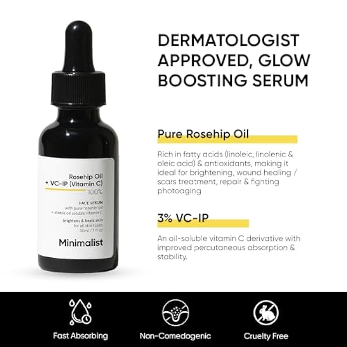 Minimalist Rosehip Oil with Vitamin C for Anti Aging & Glowing Skin | Fades Acne Marks & Scars & Reduces Photoaging | Pure & Cold Pressed | For Women & Men | 1 Fl Oz / 30 ml - Image 4