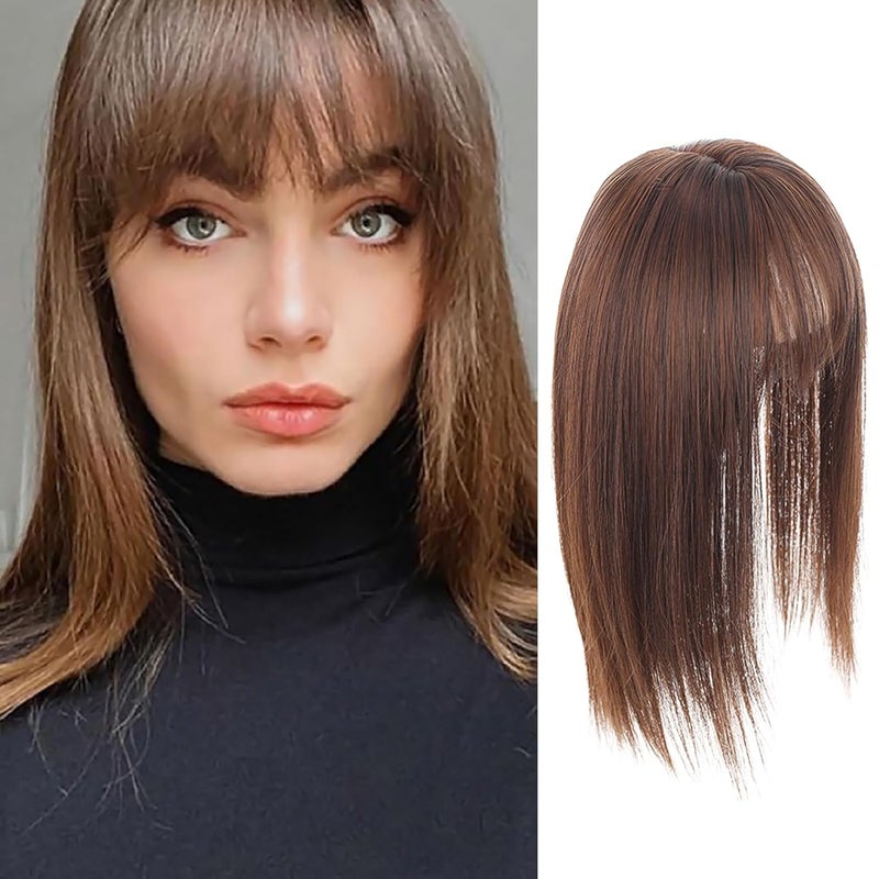 Funyn 14 Inch Synthetic Hair Topper Toupee Long Layered Hair Toppers Hairpiece Wiglets Ladies Hair Toppers Hair Pieces Clip In Bangs Extension for Women Straight Light Brown