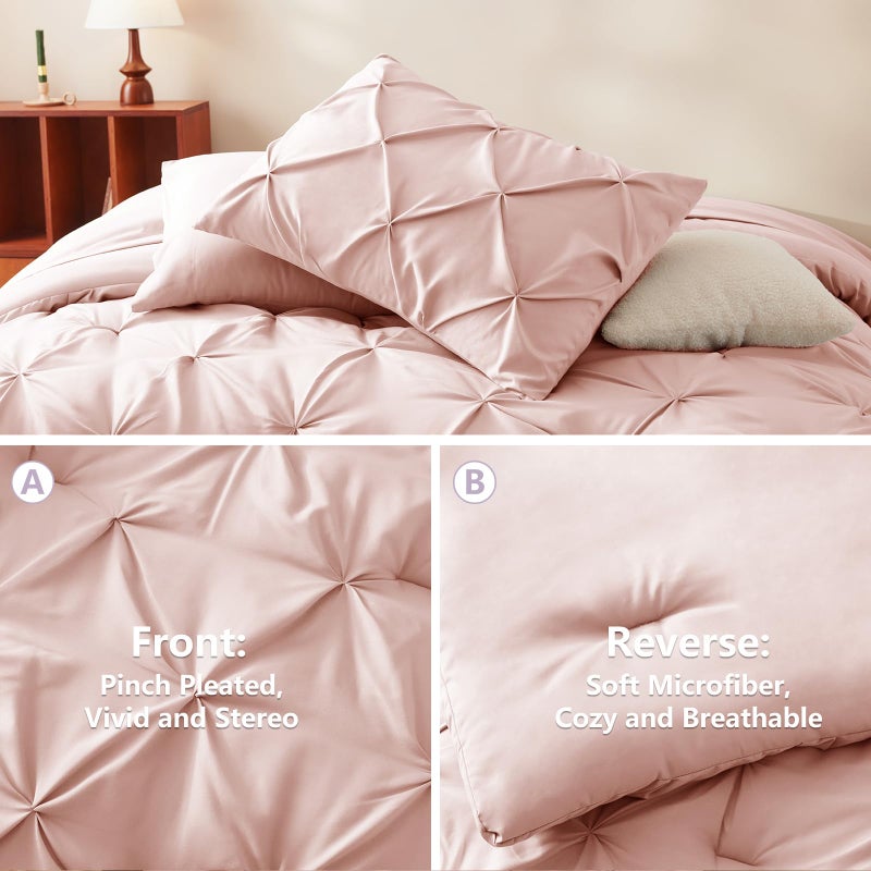 HIMEET Pintuck Bed in a Bag, 7 Pieces Queen Size Comforter Set Blush Pink, Pinch Pleat Bed in a Bag, Soft All Season Bedding Sets with Comforter, Flat Sheet, Fitted Sheet and Pillowcases & Shams - Image 3