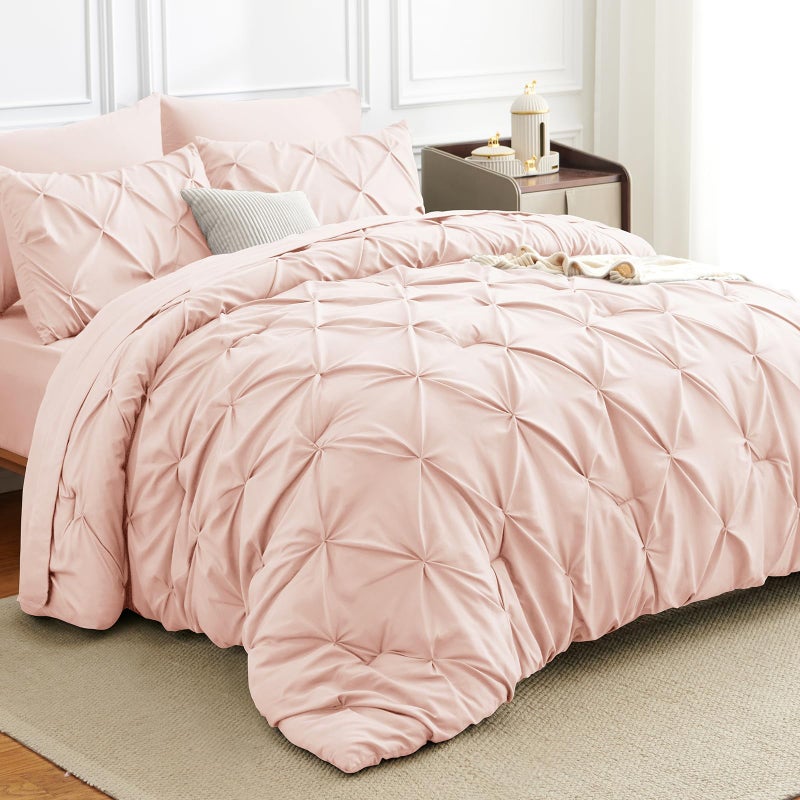 HIMEET Pintuck Bed in a Bag, 7 Pieces Queen Size Comforter Set Blush Pink, Pinch Pleat Bed in a Bag, Soft All Season Bedding Sets with Comforter, Flat Sheet, Fitted Sheet and Pillowcases & Shams - Image 1
