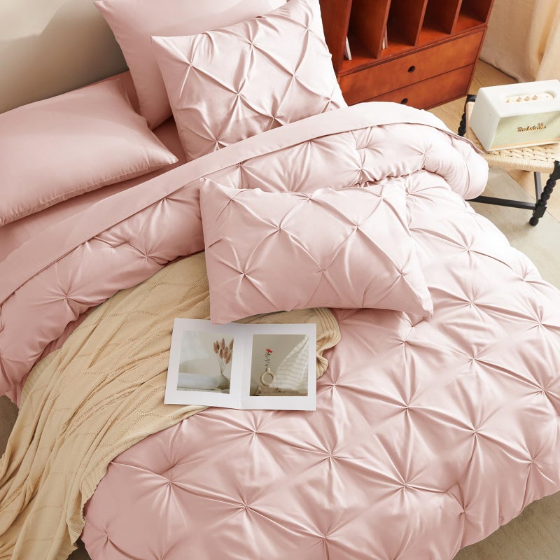 HIMEET Pintuck Bed in a Bag, 7 Pieces Queen Size Comforter Set Blush Pink, Pinch Pleat Bed in a Bag, Soft All Season Bedding Sets with Comforter, Flat Sheet, Fitted Sheet and Pillowcases & Shams - Image 4