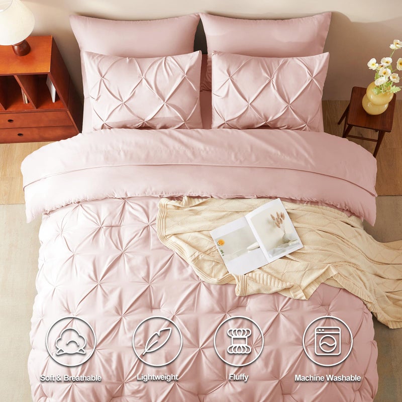 HIMEET Pintuck Bed in a Bag, 7 Pieces Queen Size Comforter Set Blush Pink, Pinch Pleat Bed in a Bag, Soft All Season Bedding Sets with Comforter, Flat Sheet, Fitted Sheet and Pillowcases & Shams - Image 2